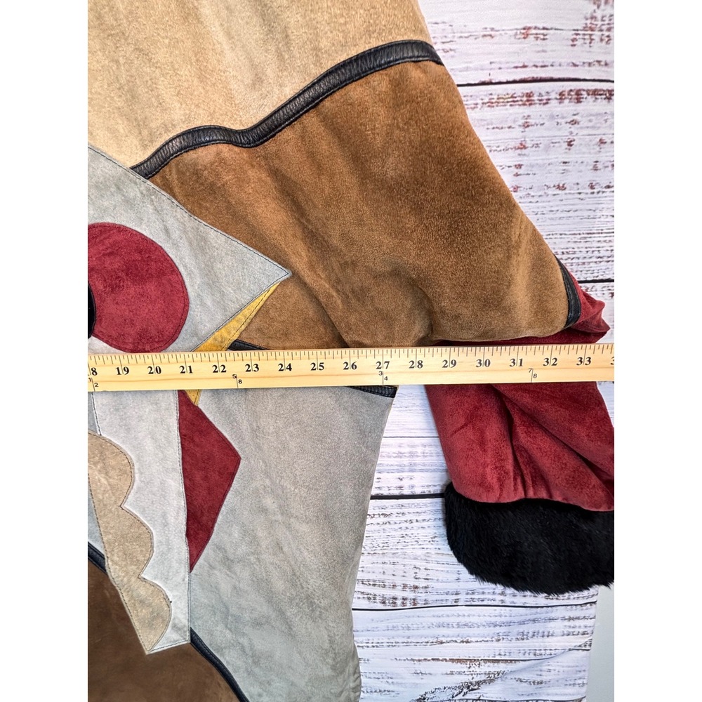 Vintage 80s Suede Leather Patchwork Jacket Fur Collar Geometric Art Earth L‎ OOK - Picture 6 of 15
